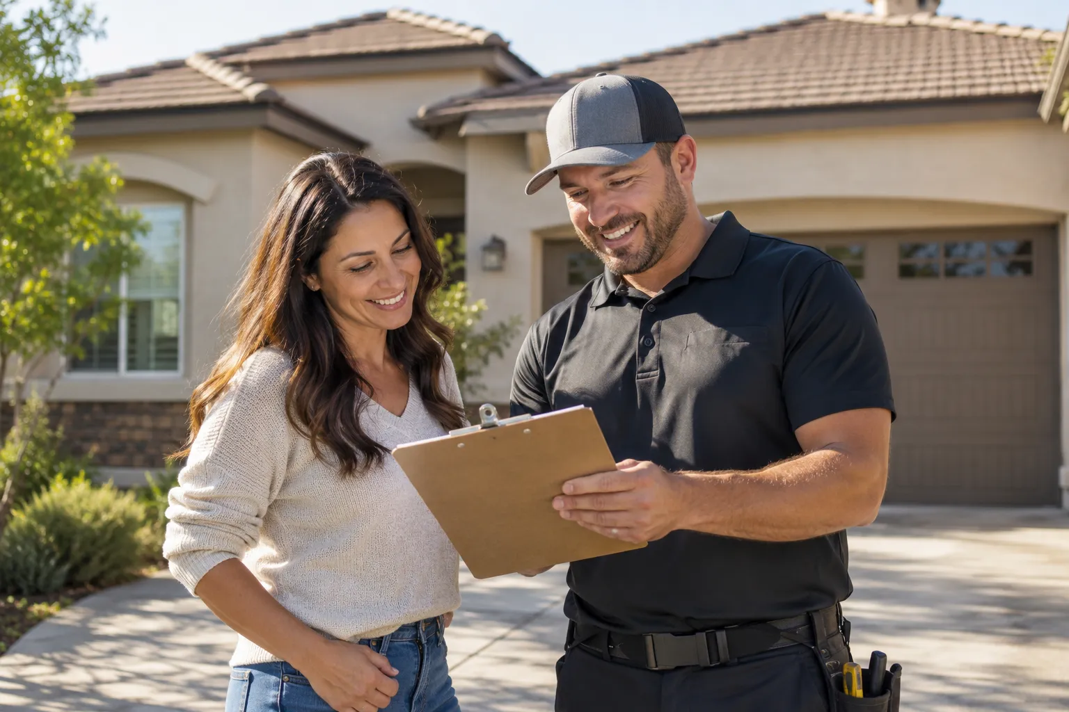 A homeowner in the San Jacinto area talking with a friendly roofing provider about options
