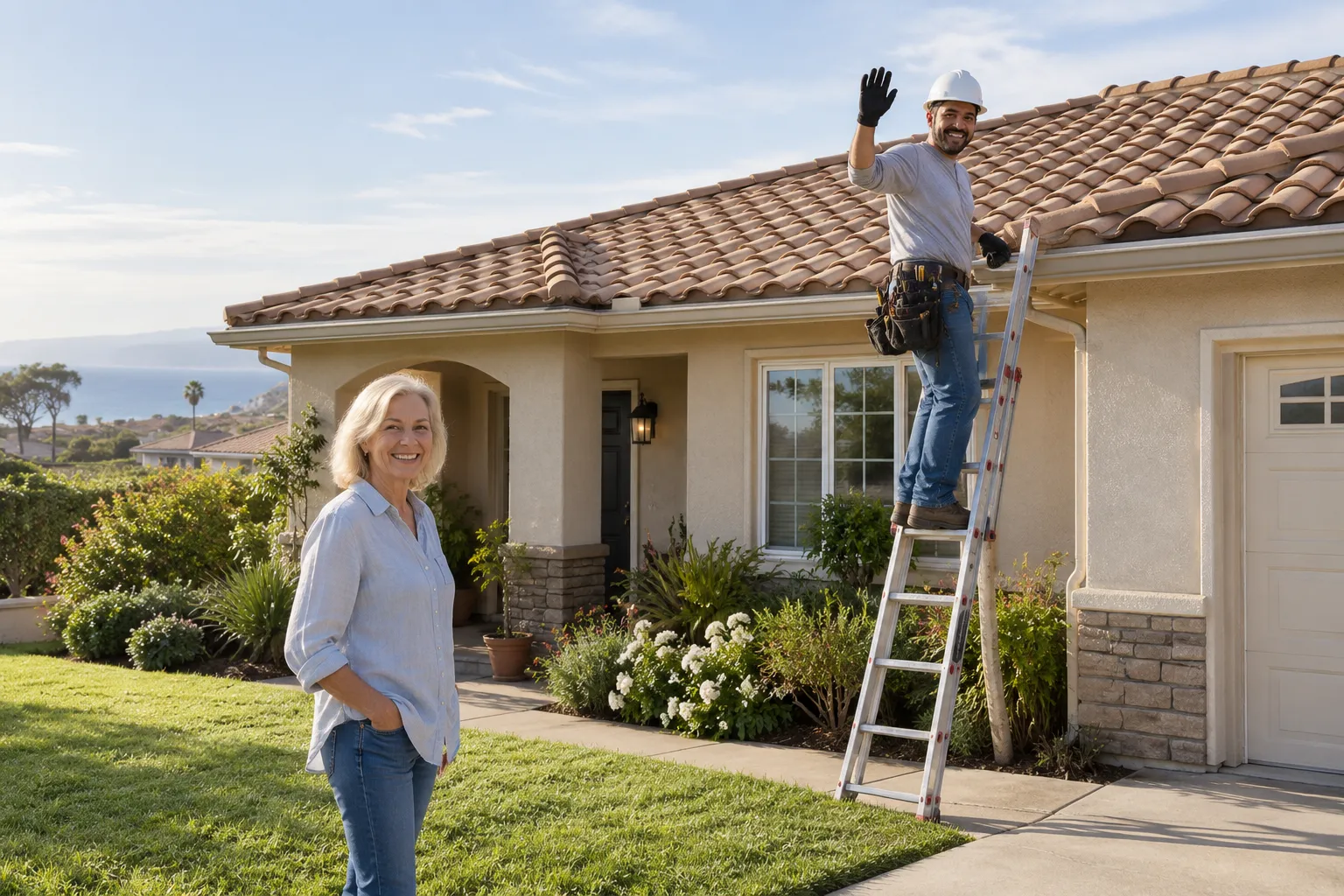 A tidy stucco ranch home in San Jacinto with a freshly finished roof under a clear sky