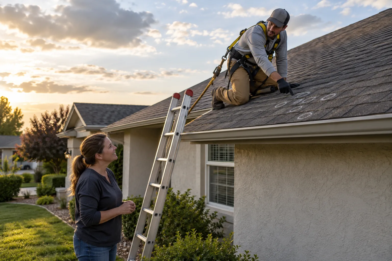 Local roofing provider inspecting hail-damaged shingles on a stucco ranch home in San Jacinto